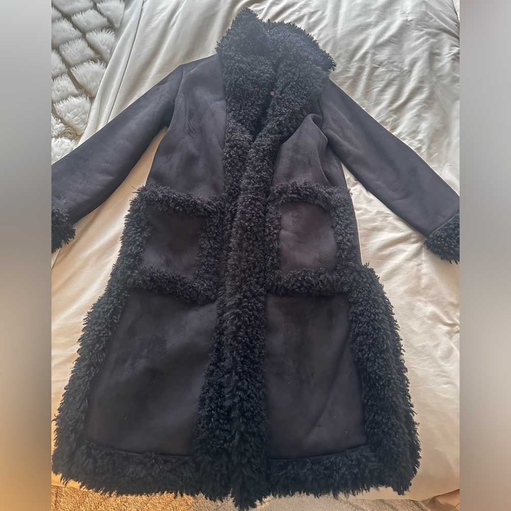 Boohoo Black Faux Shearling Trim Long Trench Coat